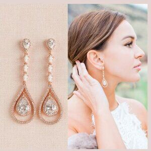 Chandelier Bridal Earrings, Rose Gold Wedding, Long Gold Crystals